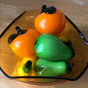 Handmade Blown Glass Fruit Bowl with Bright Orange and Green Fruit
